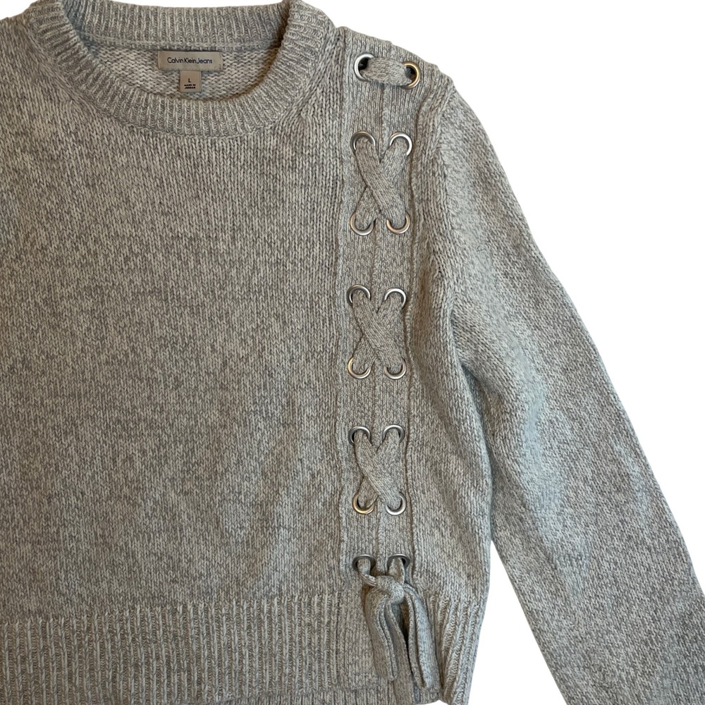 Calvin‎ Klein Jeans Womens Gray Lace Up Sweater Crew Neck Long Sleeve, Large